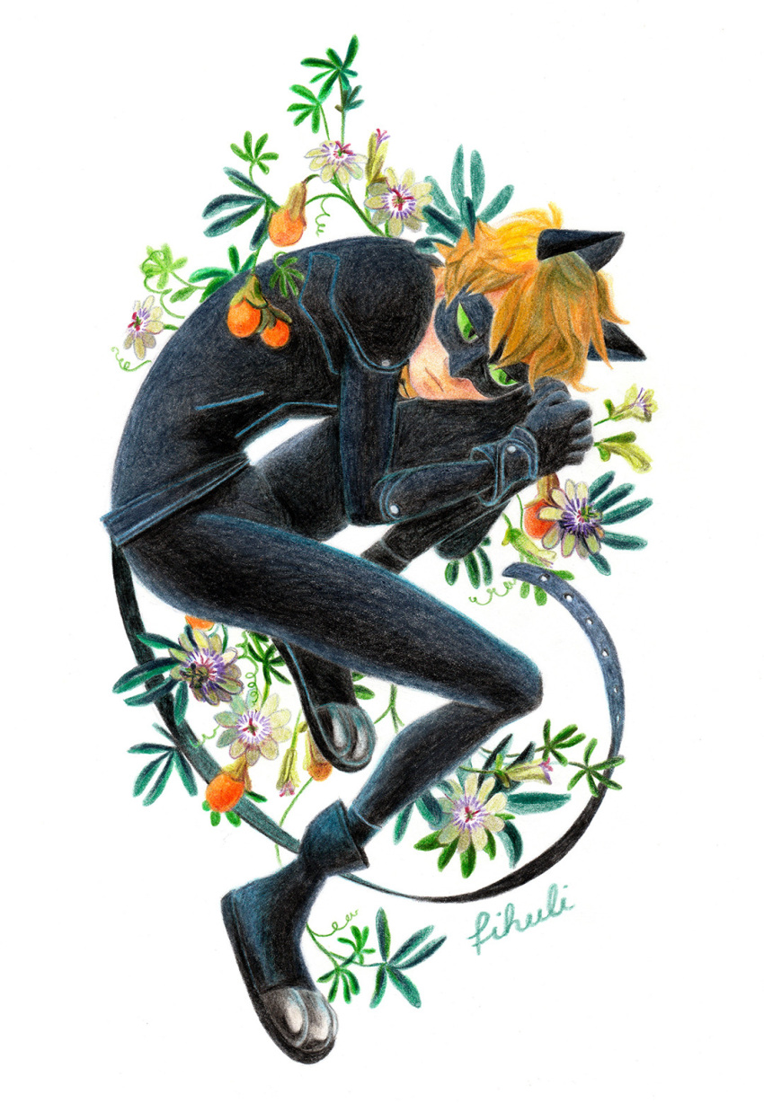 1boy animal_ears artist_name black_footwear black_gloves black_legwear bodysuit chat_noir closed_mouth domino_mask english_commentary fake_animal_ears floral_background flower gloves highres leaf leg_up male_focus mask miraculous_ladybug passion_flower passion_fruit purple_flower shoes skin_tight white_background zivazivc