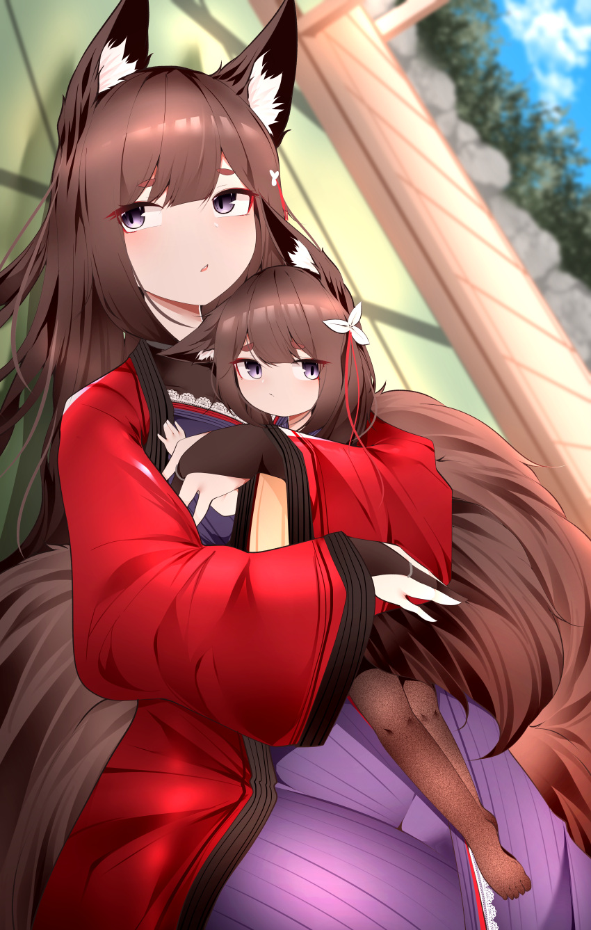 2girls absurdres amagi-chan_(azur_lane) amagi_(azur_lane) animal_ear_fluff animal_ears azur_lane black_legwear blurry blurry_background bridal_gauntlets brown_hair brown_tail child coat fox_ears fox_girl fox_tail highres huge_filesize indoors japanese_clothes kimono kitsune kyuubi long_hair lying multiple_girls multiple_tails on_back open_clothes open_coat pantyhose red_kimono samip tail thick_eyebrows violet_eyes wide_sleeves