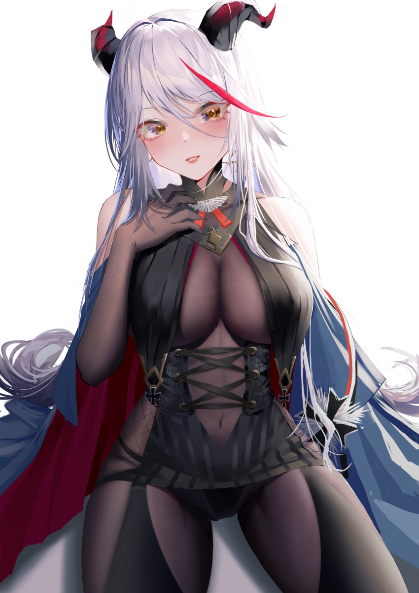 1girl absurdres aegir_(azur_lane) azur_lane bare_shoulders black_cape black_gloves black_panties bodystocking breast_curtains breasts cape covered_navel cross cross_earrings demon_horns earrings elbow_gloves gloves highres horns iron_cross jewelry large_breasts long_hair looking_at_viewer multicolored_hair panties redhead revealing_clothes rib_(rib_delesetong) simple_background sitting skin_tight streaked_hair thighs two-tone_hair underwear very_long_hair white_background white_hair yellow_eyes