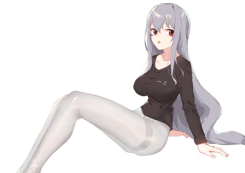 1girl :o alternate_costume arknights arm_support breasts collarbone commentary from_side inniyik large_breasts long_hair long_sleeves looking_at_viewer looking_to_the_side pantyhose red_eyes silver_hair simple_background skadi_(arknights) solo very_long_hair white_background white_legwear