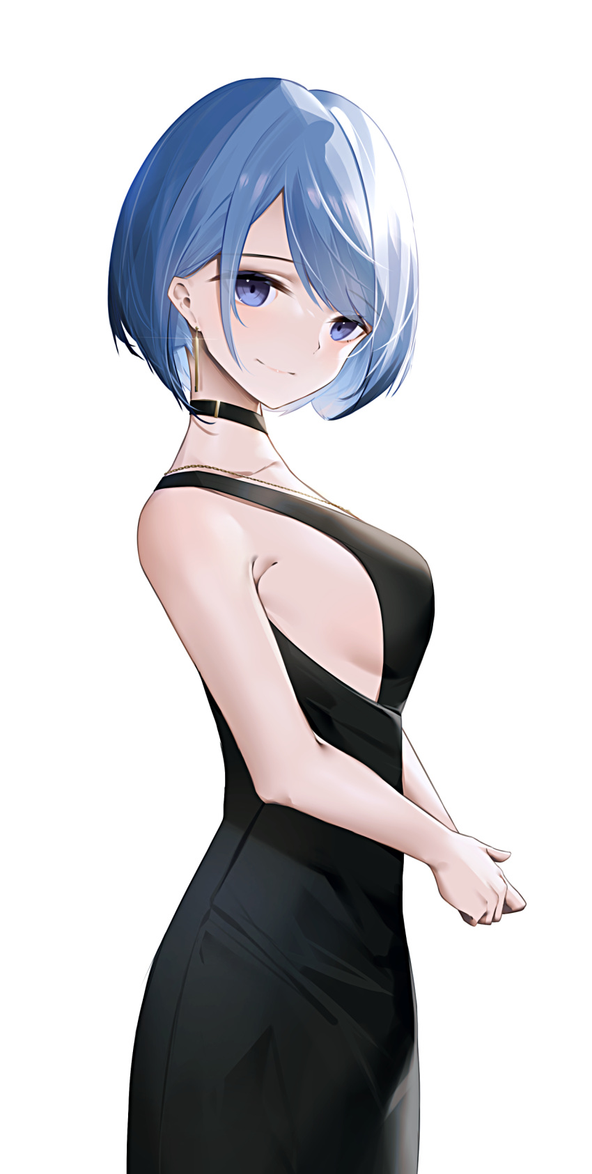 1girl absurdres azur_lane black_choker black_dress blue_eyes blue_hair breasts chapayev_(azur_lane) choker closed_mouth collarbone dress earrings eyebrows_visible_through_hair highres jewelry ka11_ca looking_at_viewer medium_breasts medium_hair necklace sideboob smile solo standing white_background