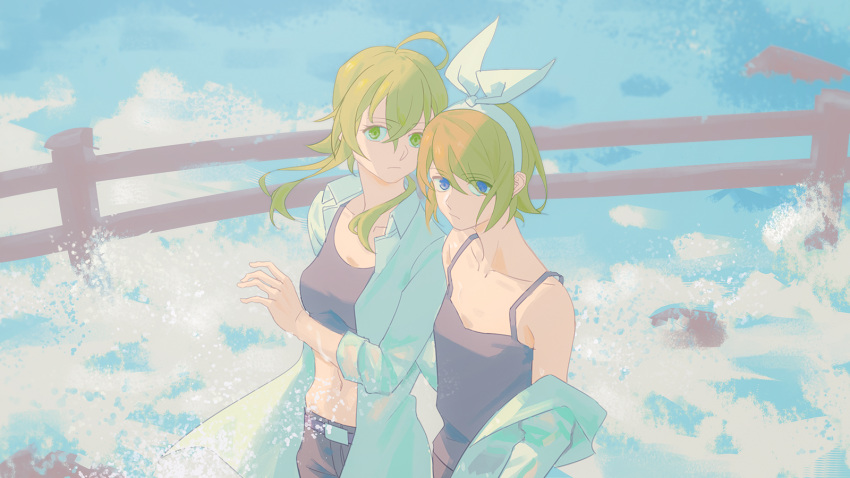 2girls ahoge aqua_jacket belt black_shirt blonde_hair blue_eyes bow breasts collarbone commentary crop_top expressionless flat_chest green_eyes green_hair gumi hair_bow highres jacket kagamine_rin looking_at_viewer medium_breasts midriff multiple_girls navel open_clothes open_jacket outdoors pastel_colors shirt sidelighting sidelocks spaghetti_strap standing upper_body vocaloid walking white_bow wounds404