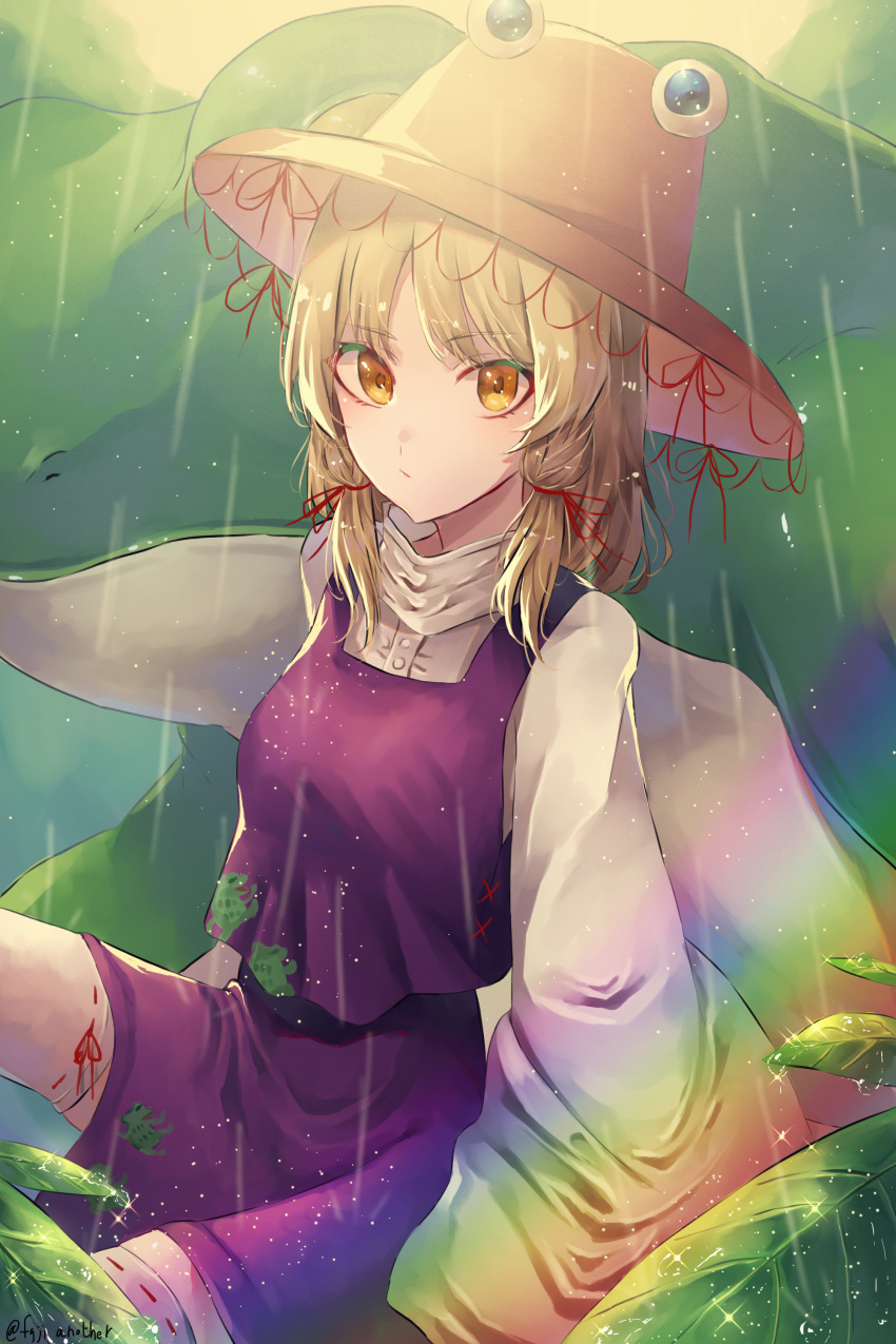 1girl absurdres bag blonde_hair brown_headwear closed_mouth day dress_shirt eyebrows_visible_through_hair hair_ribbon hat hat_ribbon highres katsukare long_hair long_sleeves miniskirt moriya_suwako outdoors purple_shirt purple_skirt rain red_ribbon ribbon ribbon-trimmed_legwear ribbon_trim shiny shiny_hair shirt skirt sleeveless sleeveless_shirt solo thigh-highs touhou twitter_username white_legwear white_shirt yellow_eyes zettai_ryouiki