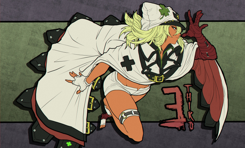 1girl absurdres bandaged_arm bandaged_leg bandages cape clover dark-skinned_female dark_skin fingerless_gloves four-leaf_clover gloves guilty_gear guilty_gear_strive hair_between_eyes hat highres jacket midriff peaked_cap ramlethal_valentine short_shorts shorts single_glove terd thigh_strap thighs white_gloves white_headwear white_jacket white_shorts