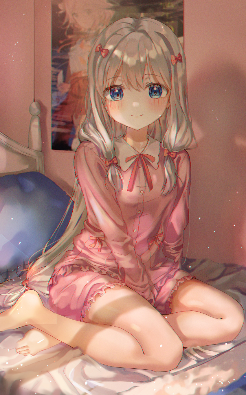 1girl absurdres bangs barefoot bed bedroom blue_eyes blush bow collared_shirt commentary eromanga_sensei eyebrows_visible_through_hair futon hair_bow highres huge_filesize indoors izumi_sagiri lime1125 long_hair long_sleeves looking_at_viewer neck_ribbon on_bed pajamas pillow pink_pajamas pink_ribbon poster_(object) ribbon shadow shirt sidelocks silver_hair sitting sitting_on_bed smile solo twintails