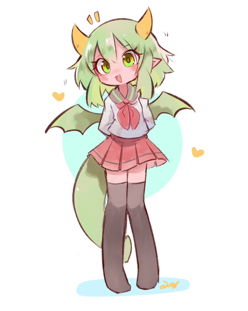 1girl absurdres alternate_costume arms_behind_back black_legwear blush ceroblitz draco_centauros dragon_girl dragon_horns dragon_tail dragon_wings eyebrows_visible_through_hair fang full_body green_eyes green_hair heart highres horns long_sleeves looking_at_viewer neckerchief open_mouth over-kneehighs pointy_ears puyopuyo red_neckwear school_uniform serafuku short_hair smile solo tail thigh-highs wings