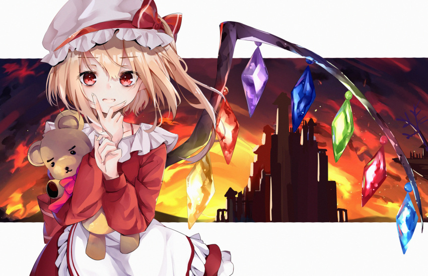 1girl absurdres apron bangs blonde_hair castle commentary doll_hug dress eyebrows_visible_through_hair finger_to_own_chin flandre_scarlet hat hat_ribbon highres huge_filesize kaya_(tyhk7874) letterboxed long_hair long_sleeves looking_at_viewer object_hug outside_border red_dress red_eyes ribbon sidelocks smile solo stuffed_animal stuffed_toy teddy_bear touhou white_headwear