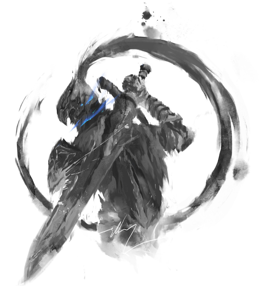 1boy armor artorias_the_abysswalker commentary dark_souls_i english_commentary from_behind helmet highres holding holding_sword holding_weapon knight male_focus pauldrons plume profile shimhaq shoulder_armor simple_background solo souls_(series) spot_color sword weapon white_background