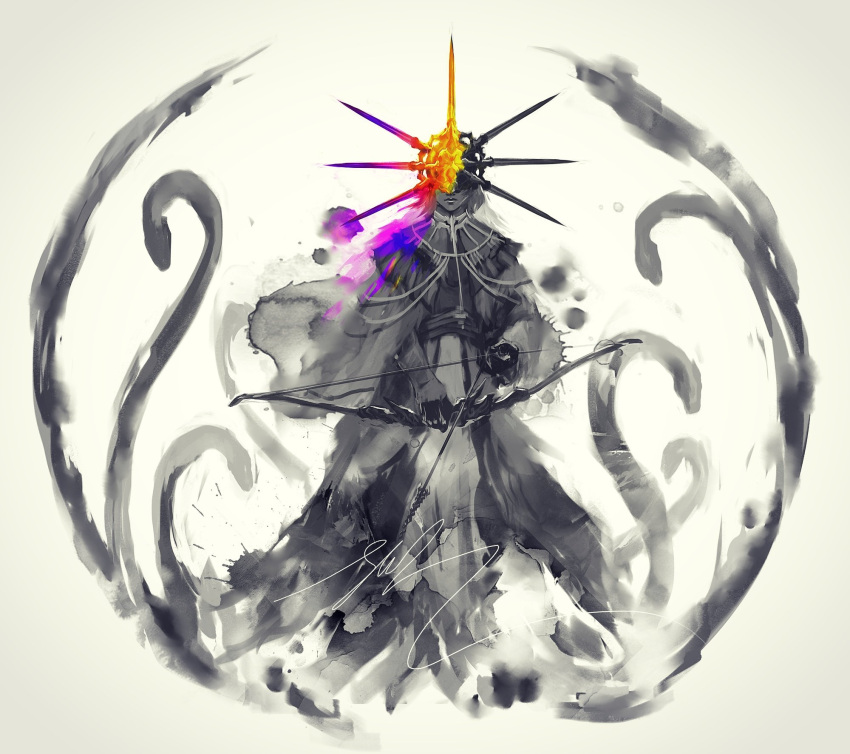 1boy arrow_(projectile) bow_(weapon) closed_mouth crown dark_souls_i dark_sun_gwyndolin facing_viewer grey_background headpiece highres holding holding_arrow holding_bow_(weapon) holding_weapon male_focus shimhaq simple_background solo souls_(series) standing tentacles weapon
