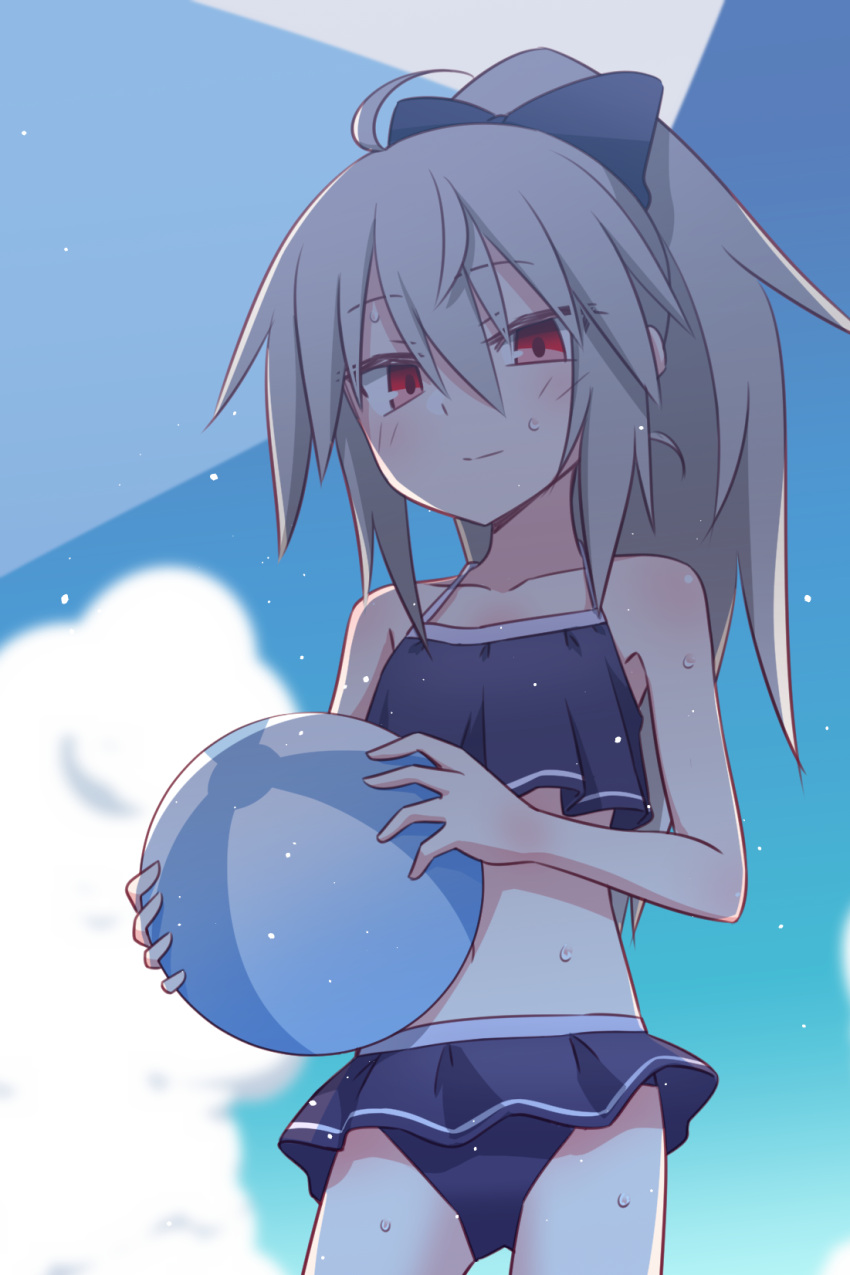 1girl ahoge ball beachball bikini bow day elena_trafalgar frilled_bikini frills hair_bow highres holding ikune_juugo light_smile looking_at_viewer original outdoors ponytail red_eyes silver_hair sky solo sweat swimsuit