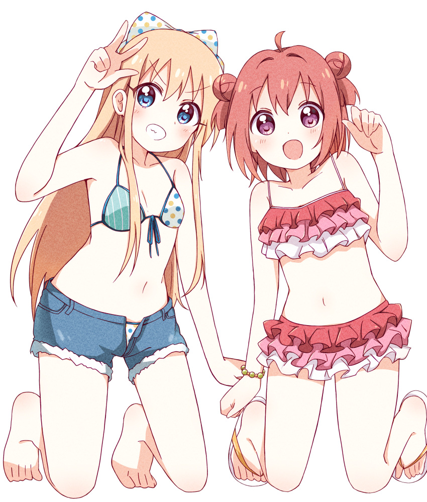 2girls :d absurdres ahoge akaza_akari arm_up bangs bare_arms bare_legs bare_shoulders barefoot bikini bikini_skirt blonde_hair blue_eyes blue_shorts blush bow bracelet breasts collarbone commentary_request denim denim_shorts double_bun eyebrows_visible_through_hair feet frilled_bikini frills front-tie_bikini front-tie_top full_body grin hair_bow hand_up happy highres jewelry kneeling long_hair looking_at_viewer medium_hair mesushio multicolored multicolored_bikini multicolored_clothes multiple_girls navel open_fly open_mouth polka_dot polka_dot_bikini polka_dot_bow red_bikini redhead sandals short_shorts shorts simple_background small_breasts smile split_mouth stomach swimsuit teeth toes toshinou_kyouko very_long_hair violet_eyes w white_background white_bow yuru_yuri