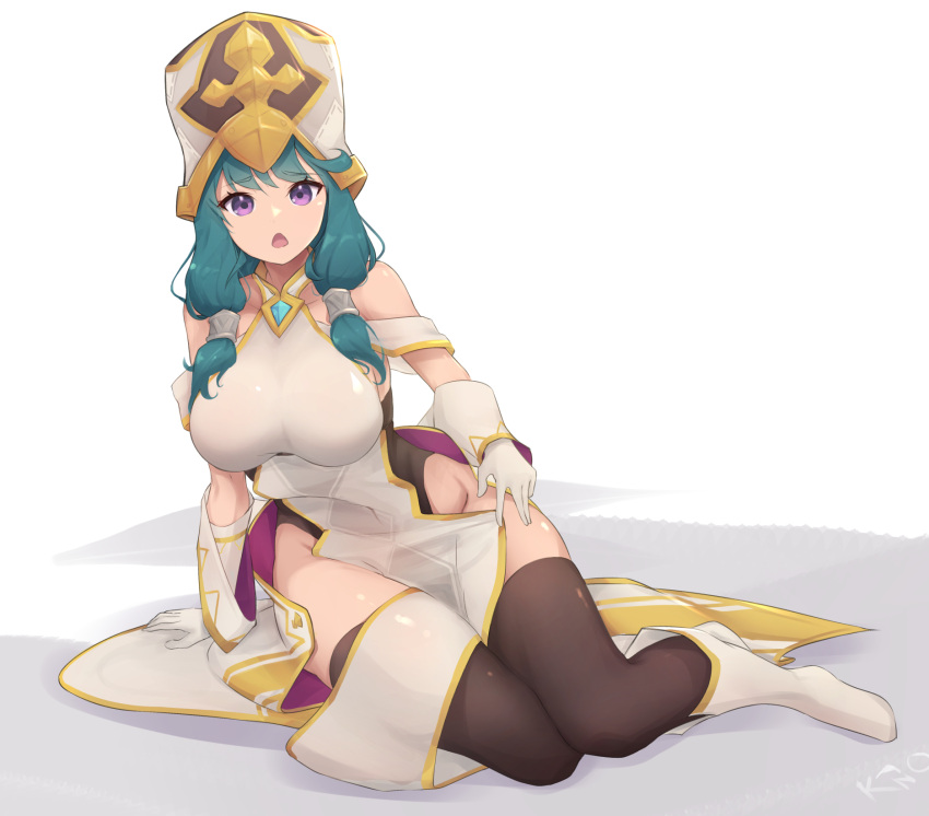 1girl bangs bare_shoulders boots breasts dragalia_lost eyebrows_visible_through_hair full_body gloves green_hair highres hildegarde_(dragalia_lost) kanotype large_breasts looking_at_viewer medium_hair open_mouth thigh-highs thighs violet_eyes