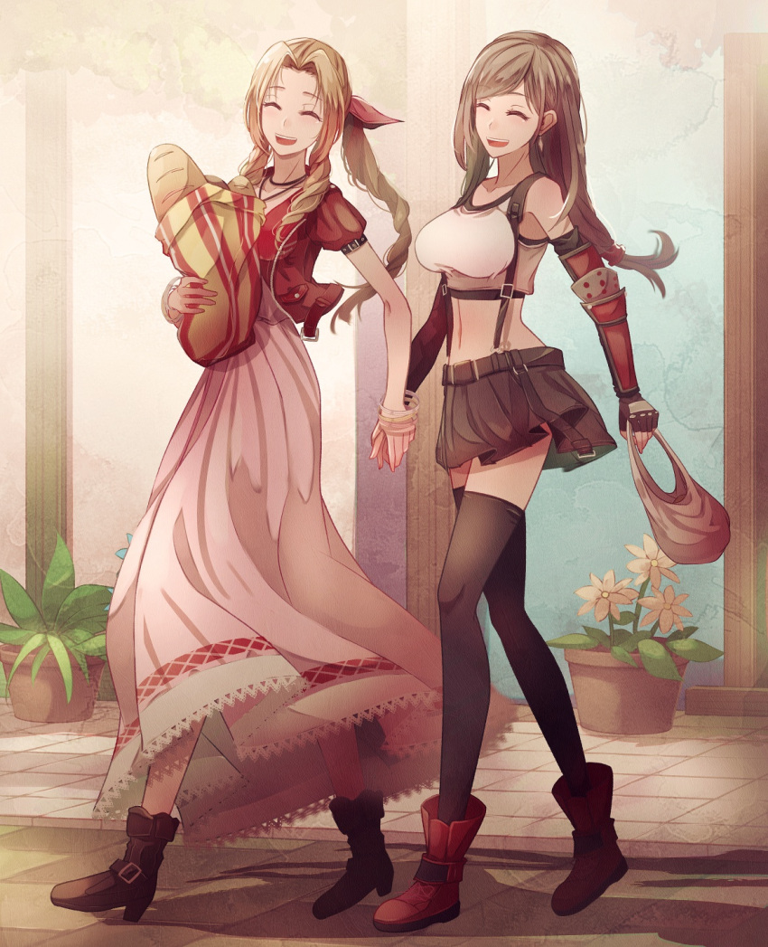 2girls :d ^_^ aerith_gainsborough bag bangs black_footwear black_gloves black_legwear black_skirt boots bread breasts brown_hair closed_eyes collarbone crop_top cropped_jacket dress earrings elbow_pads final_fantasy final_fantasy_vii final_fantasy_vii_remake fingerless_gloves flower food full_body gloves grocery_bag hair_ribbon high_heel_boots high_heels highres holding_hands jacket jewelry large_breasts long_hair low-tied_long_hair midriff mirrorclew multiple_girls open_mouth parted_bangs pink_dress plant potted_plant red_footwear red_jacket red_ribbon ribbon shadow shopping_bag short_sleeves skirt smile suspender_skirt suspenders swept_bangs tank_top thigh-highs tifa_lockhart tri_drills upper_teeth walking white_tank_top zettai_ryouiki