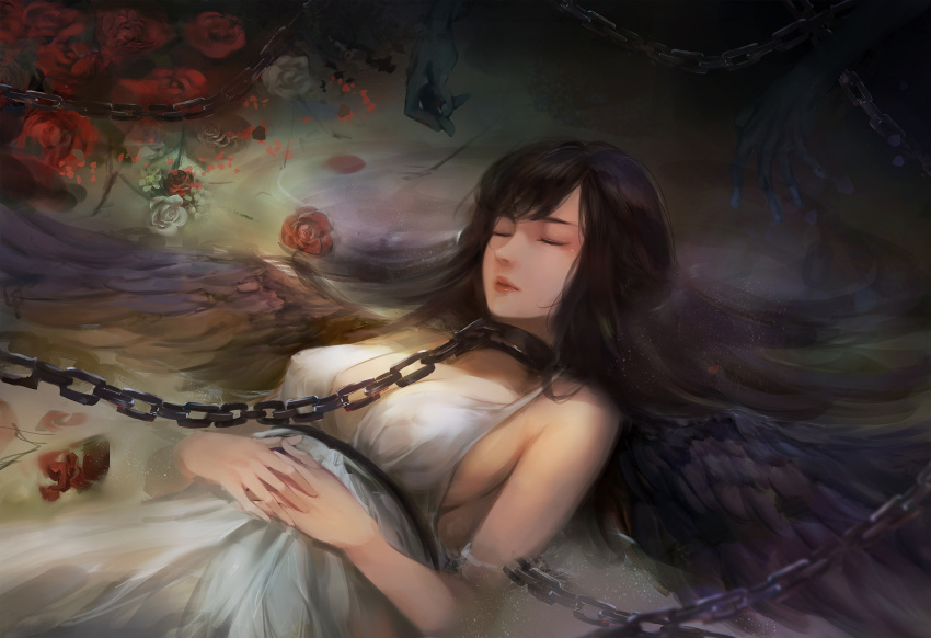 1girl angel_wings black_hair black_wings breasts chain chained closed_eyes collar covered_nipples dress flower highres kyori large_breasts long_hair metal_collar original partially_submerged petals red_lips rose rose_petals sideboob solo white_dress wings