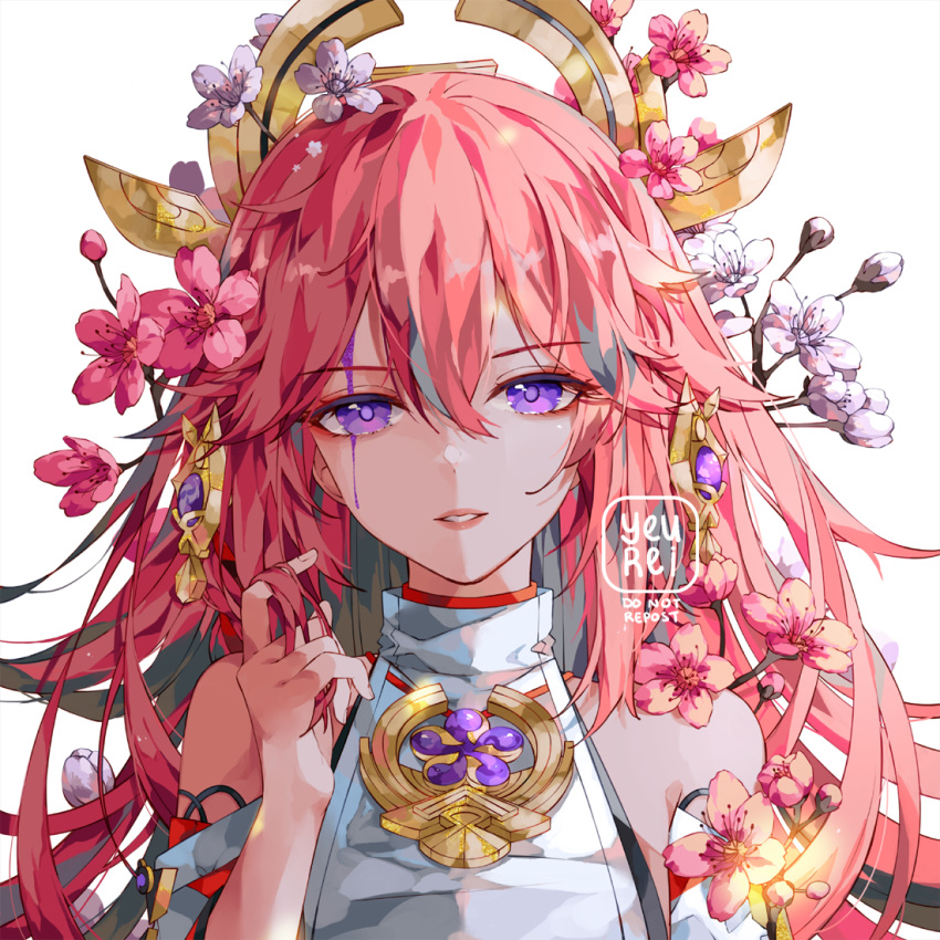 1girl bare_shoulders commentary detached_sleeves flower genshin_impact hair_between_eyes hair_flower hair_ornament hand_up long_hair looking_at_viewer parted_lips pink_flower pink_hair portrait red_lips simple_background solo violet_eyes white_background white_flower yae_miko yeurei