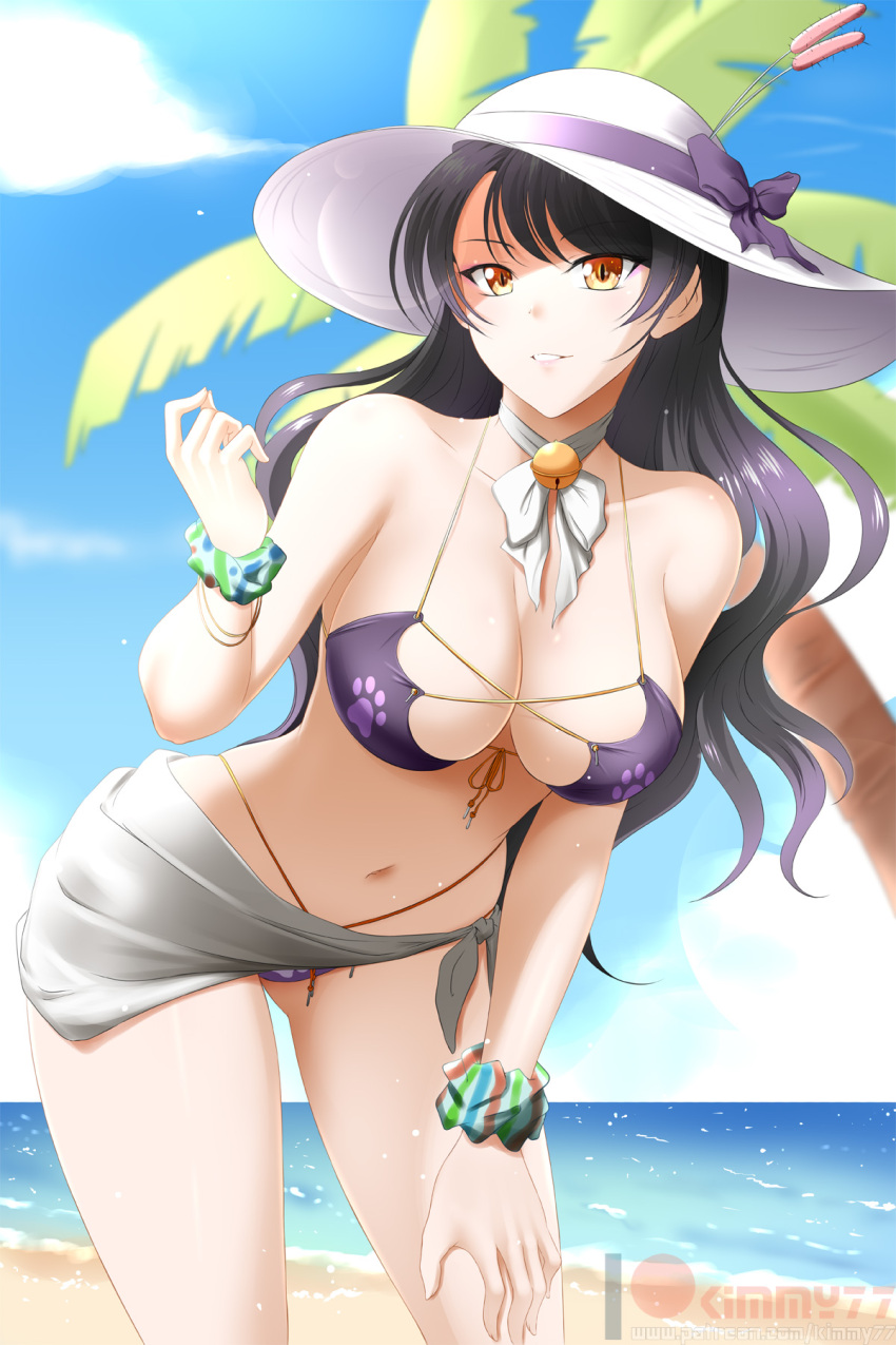 1girl banned_artist bikini black_hair blake_belladonna blue_sky bow breasts collarbone cowboy_shot day floating_hair grin halterneck hand_on_lap hat hat_bow hat_ribbon highres kimmy77 large_breasts leaning_forward long_hair looking_at_viewer navel outdoors palm_tree paw_print print_bikini purple_bikini purple_bow purple_ribbon ribbon rwby sarong scrunchie shiny shiny_hair shiny_skin sky smile solo standing summer sun_hat swimsuit tree very_long_hair w watermark white_headwear wrist_scrunchie yellow_eyes
