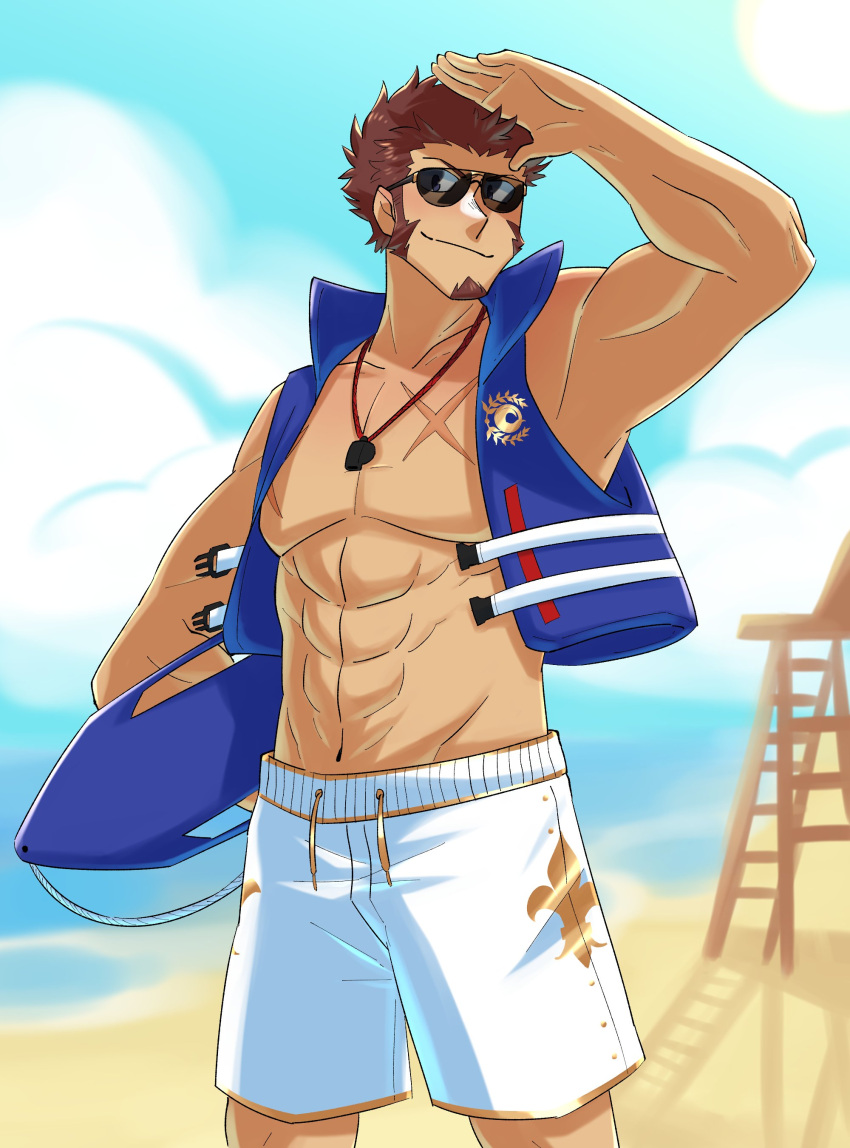 1boy abs absurdres alternate_costume bare_pectorals beach black-framed_eyewear blue_eyes brown_hair day facial_hair fate/grand_order fate_(series) feet_out_of_frame goatee highres holding holding_surfboard lifeguard long_sideburns looking_at_viewer male_focus male_swimwear muscular muscular_male napoleon_bonaparte_(fate) navel nipples no_nipples pectorals salute sand scar scar_on_chest short_hair sideburns sleeveless smile solo stomach sunglasses surfboard swim_trunks vincent-san whistle whistle_around_neck white_male_swimwear