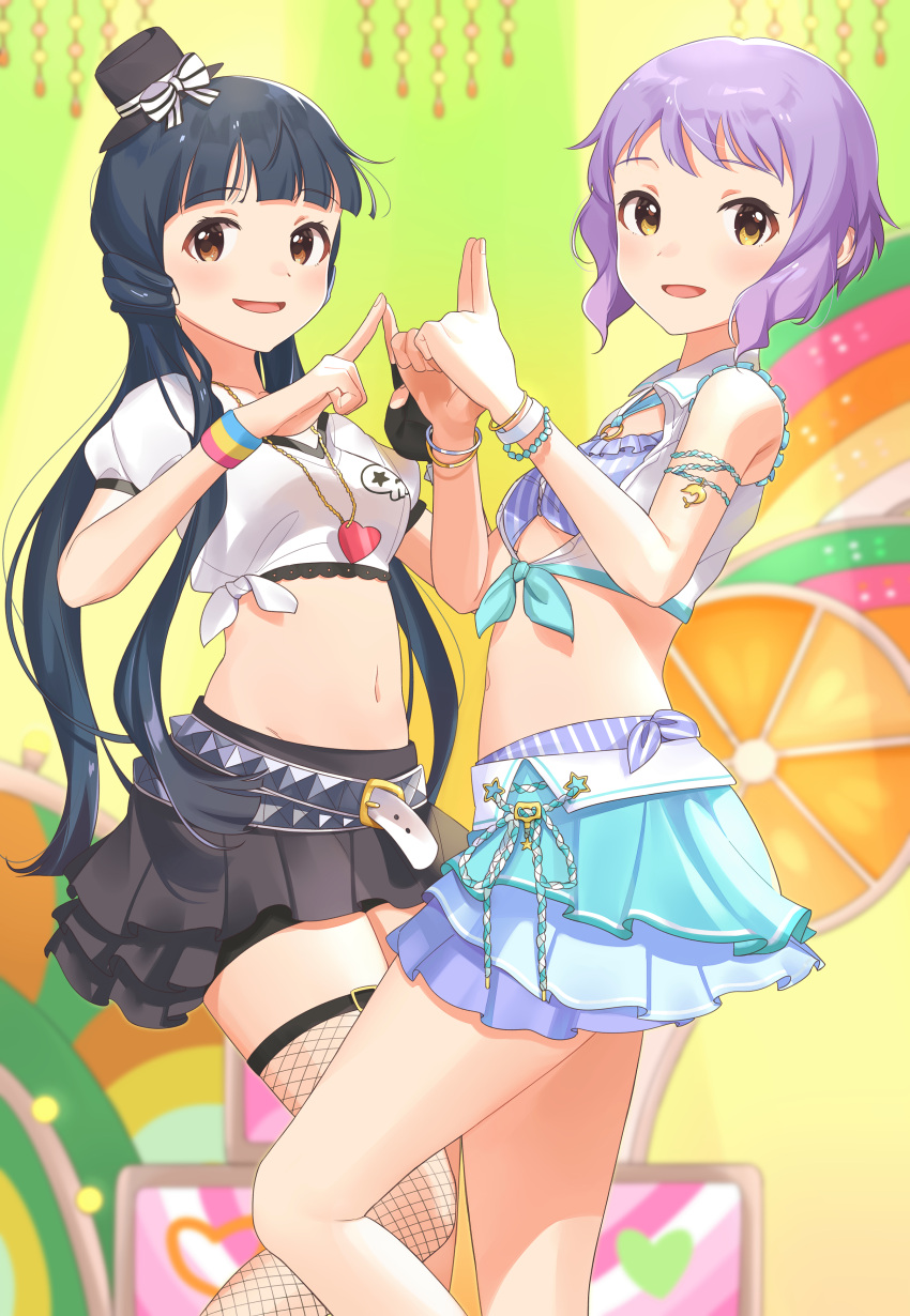 2girls :d absurdres bangs belt black_headwear black_skirt blue_hair blue_skirt blunt_bangs blush bow breasts brown_eyes cropped_shirt dot_nose hands_up hat heart heart_necklace highres idolmaster idolmaster_million_live! idolmaster_million_live!_theater_days index_finger_raised index_fingers_together inuyama_nanami kitakami_reika long_hair looking_at_viewer makabe_mizuki midriff mini_hat miniskirt multiple_belts multiple_girls navel open_mouth pleated_skirt puffy_short_sleeves puffy_sleeves purple_hair shirt short_hair short_sleeves skirt small_breasts smile standing striped striped_legwear thigh-highs tied_shirt white_bow white_shirt wristband yellow_eyes