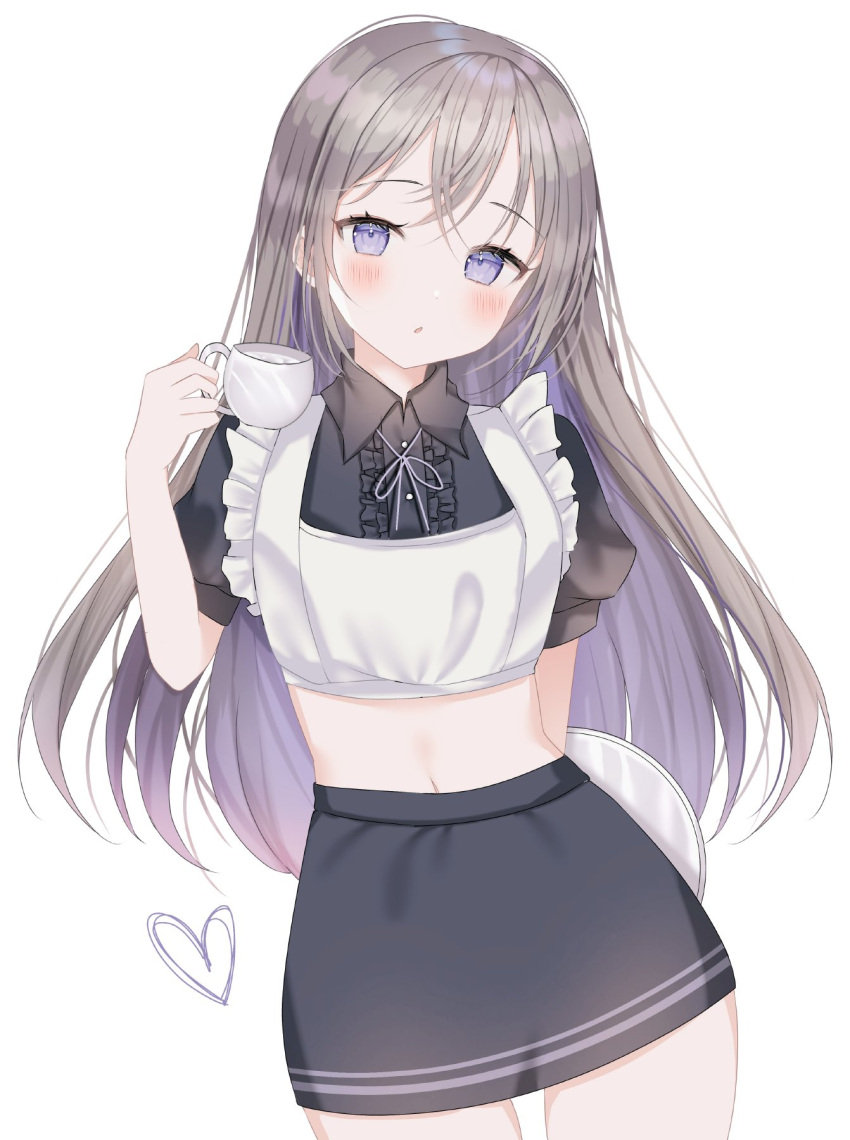 1girl apron arm_behind_back black_shirt black_skirt center_frills collared_shirt cowboy_shot crop_top cup frilled_apron frills grey_hair highres holding long_hair looking_at_viewer maid maid_apron midriff miniskirt navel original parted_lips shiori_(shiori_2_14) shirt short_sleeves simple_background skirt solo tray violet_eyes white_background