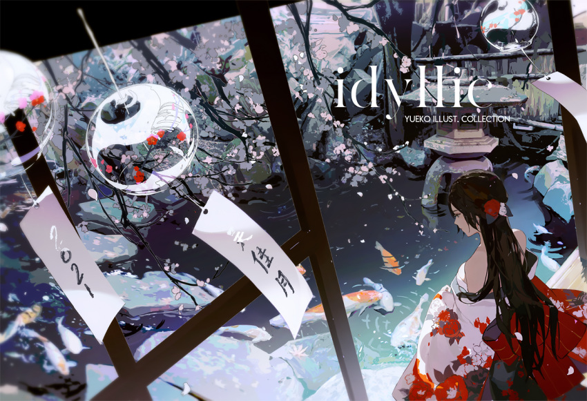 1girl background_text bare_shoulders black_eyes black_hair breasts cherry_blossoms closed_mouth commentary english_commentary english_text fish flower hair_flower hair_ornament japanese_clothes kimono koi long_hair long_sleeves original solo standing wide_sleeves wind_chime yueko_(jiayue_wu)