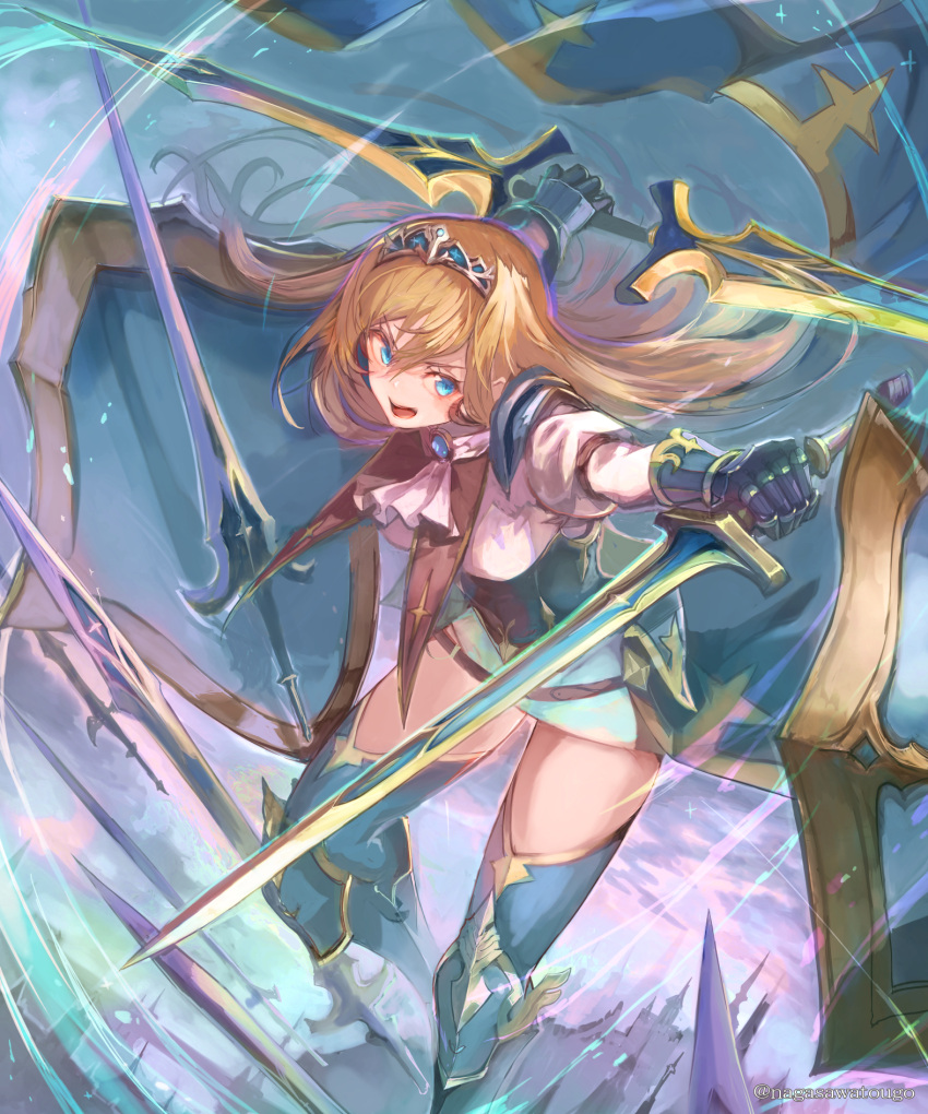 1girl armored_boots bangs blonde_hair boots double_sided_sword dual_wielding feet_out_of_frame floating floating_hair floating_object floating_sword floating_weapon gauntlets hair_between_eyes highres holding holding_sword holding_weapon juliet_sleeves long_hair long_sleeves multiple_shields multiple_swords nagasawa_tougo open_mouth original puffy_sleeves shield solo sword thigh-highs thigh_boots tiara twitter_username weapon