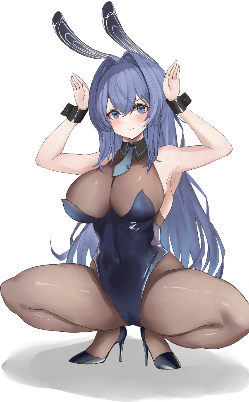 animal_ears azur_lane bare_shoulders bilei black_legwear blue_eyes blue_hair blue_leotard bodystocking breasts bunny_pose cuffs eyebrows_visible_through_hair high_heels highres large_breasts leotard looking_at_viewer new_jersey_(azur_lane) playboy_bunny rabbit_ears see-through see-through_legwear spread_legs squatting