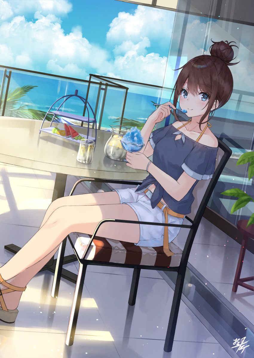 1girl balcony belt blue_eyes blue_shirt blue_sky brown_hair chair clouds commentary_request cup day drinking_glass dutch_angle eyebrows_visible_through_hair feet_out_of_frame food fruit glass_wall grapes hair_between_eyes hair_bun highres holding holding_spoon horizon looking_at_viewer miko_fly ocean off-shoulder_shirt off_shoulder original outdoors palm_leaf pitcher sandals shaved_ice shirt short_hair short_sleeves shorts sitting sky smile solo spoon table tiered_tray tile_floor tiles watermelon_slice white_shorts