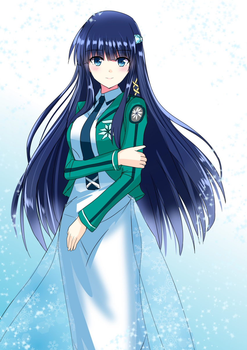 1girl bangs black_neckwear blue_background blue_eyes blue_hair blunt_bangs blush closed_mouth collared_dress doradorazz dress eyebrows_visible_through_hair floating_hair gradient gradient_background green_jacket hair_ornament highres jacket long_dress long_hair long_sleeves looking_at_viewer mahouka_koukou_no_rettousei necktie open_clothes open_jacket shiba_miyuki shiny shiny_hair smile solo very_long_hair white_background white_dress wing_collar