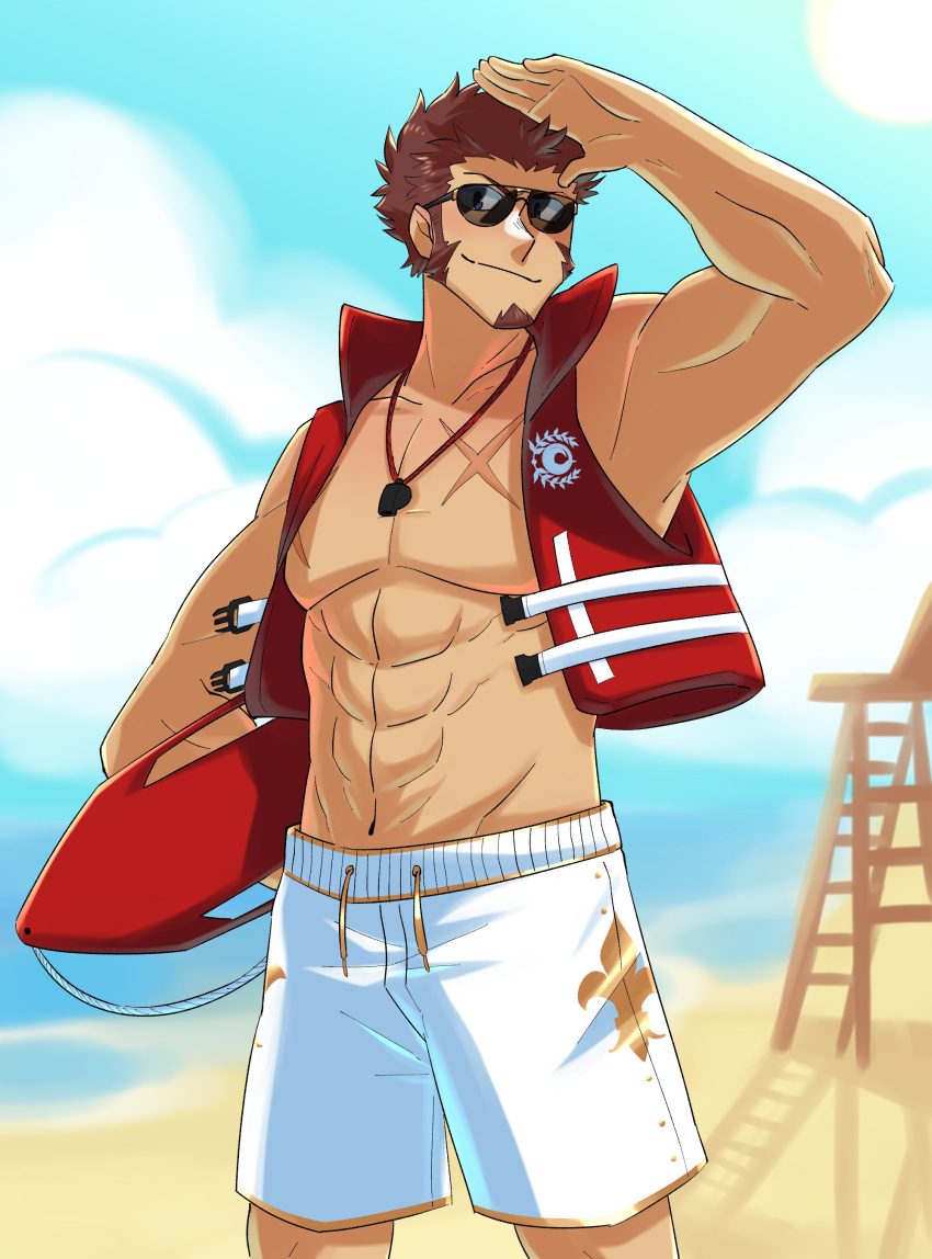 1boy abs absurdres alternate_costume bare_pectorals beach black-framed_eyewear blue_eyes brown_hair cropped_jacket day facial_hair fate/grand_order fate_(series) feet_out_of_frame goatee highres holding holding_surfboard lifeguard long_sideburns looking_at_viewer male_focus male_swimwear muscular muscular_male napoleon_bonaparte_(fate) navel nipples no_nipples pectorals salute sand scar scar_on_chest short_hair sideburns sleeveless smile solo stomach sunglasses surfboard swim_trunks vincent-san whistle whistle_around_neck white_male_swimwear