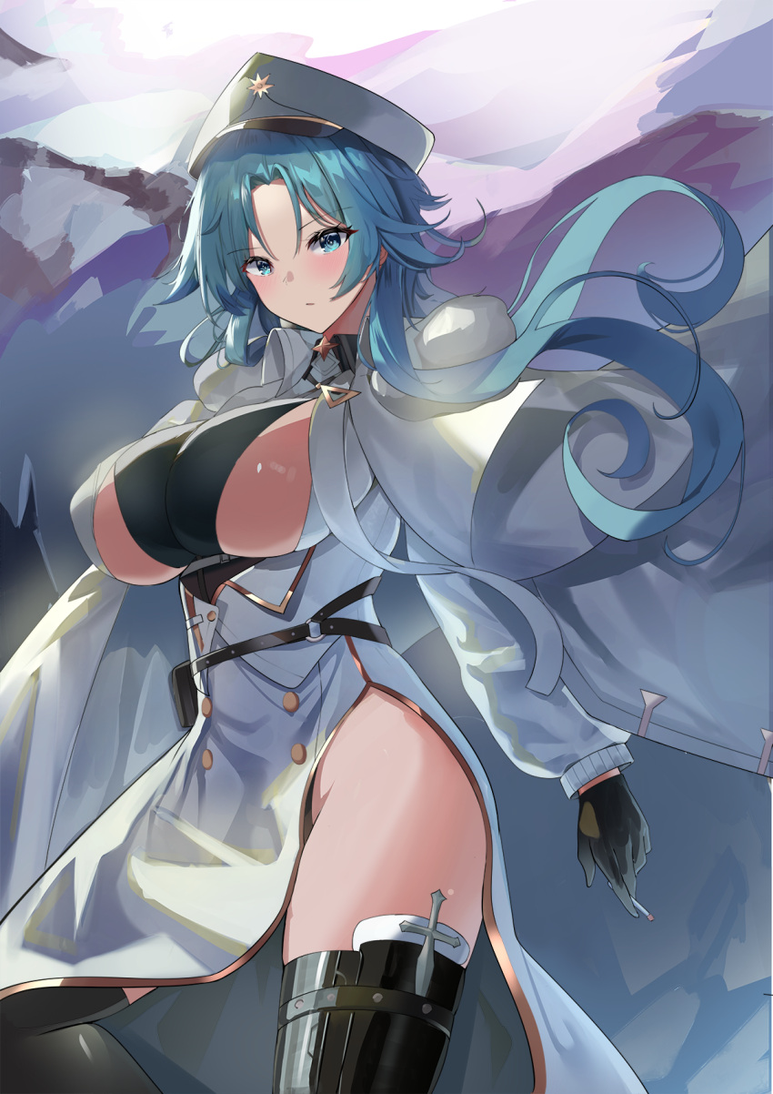 1girl asymmetrical_legwear azur_lane bangs belt belt_pouch black_belt black_gloves black_legwear black_neckwear blue_eyes blue_hair blush bodystocking breasts buttons coat coat_dress coat_on_shoulders collared_coat commentary cowboy_shot dagger double-breasted dress eyebrows_visible_through_hair floating_hair fur-trimmed_coat fur_trim gloves groin hair_between_eyes hat highres holding knife large_breasts long_hair long_sleeves looking_at_viewer manu_(pixiv41646715) mismatched_legwear o-ring o-ring_belt open_mouth parted_bangs parted_lips peaked_cap pouch shiny shiny_hair side_slit sidelocks skindentation solo sovetskaya_belorussiya_(azur_lane) standing standing_on_one_leg thigh-highs under_boob underbust very_long_hair weapon white_coat white_dress white_headwear wing_collar