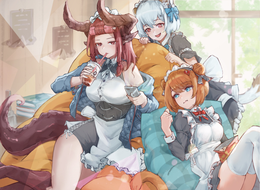 3girls animal_ears apron bangs blue_eyes bow brown_hair cat_ears cat_girl cat_tail chips double_bun drink drinking_straw eating food frilled_apron frills hair_bow highres holding holding_drink holding_food holding_phone horns indoors jacket juliet_sleeves light_blue_hair long_hair long_sleeves maid maid_headdress multiple_girls off_shoulder open_clothes open_jacket open_mouth original phone puffy_sleeves red_eyes redhead short_hair short_sleeves sipping sitting sleeveless tail taiu window