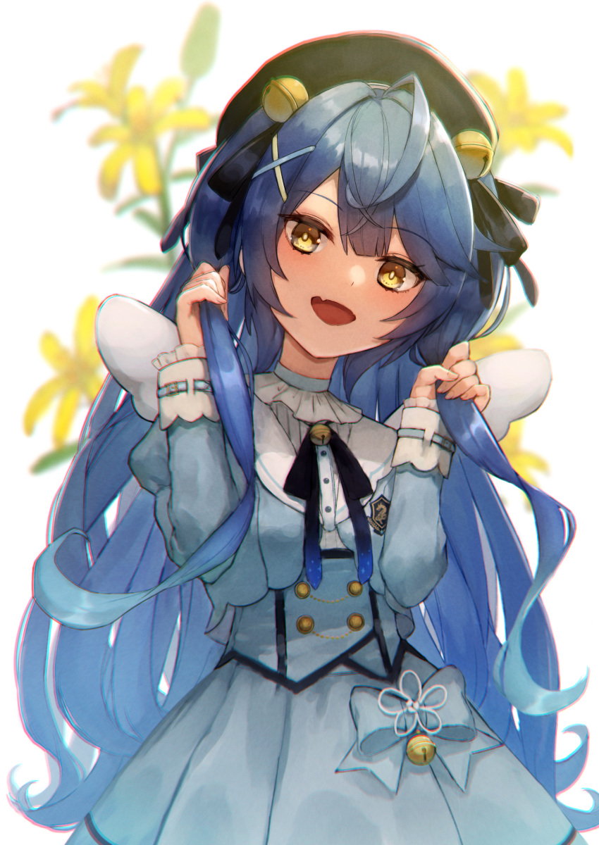 1girl absurdres amamiya_kokoro angel_wings antenna_hair bangs bell beret black_headwear black_neckwear blue_bow blue_dress blue_hair blurry blurry_background bow buttons chromatic_aberration commentary dress eyebrows_visible_through_hair fang flower frilled_shirt_collar frilled_sleeves frills hair_bell hair_ornament hat head_tilt highres holding holding_hair long_hair long_sleeves mini_wings nijisanji open_mouth sidelocks simple_background skin_fang smile solo toima_(beat0829) upper_body very_long_hair virtual_youtuber white_background wings x_hair_ornament yellow_eyes yellow_flower