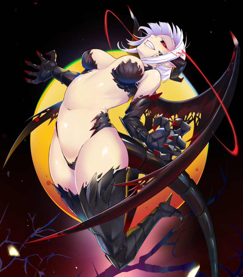 breasts claws commission dragon_girl dragon_horns dragon_tail dragon_wings evil_grin evil_smile fang grin highres horns medium_breasts monster_girl moon navel night night_sky original pointy_ears red_eyes scales sideboob sky smile tail thighs white_hair wings xiaodi