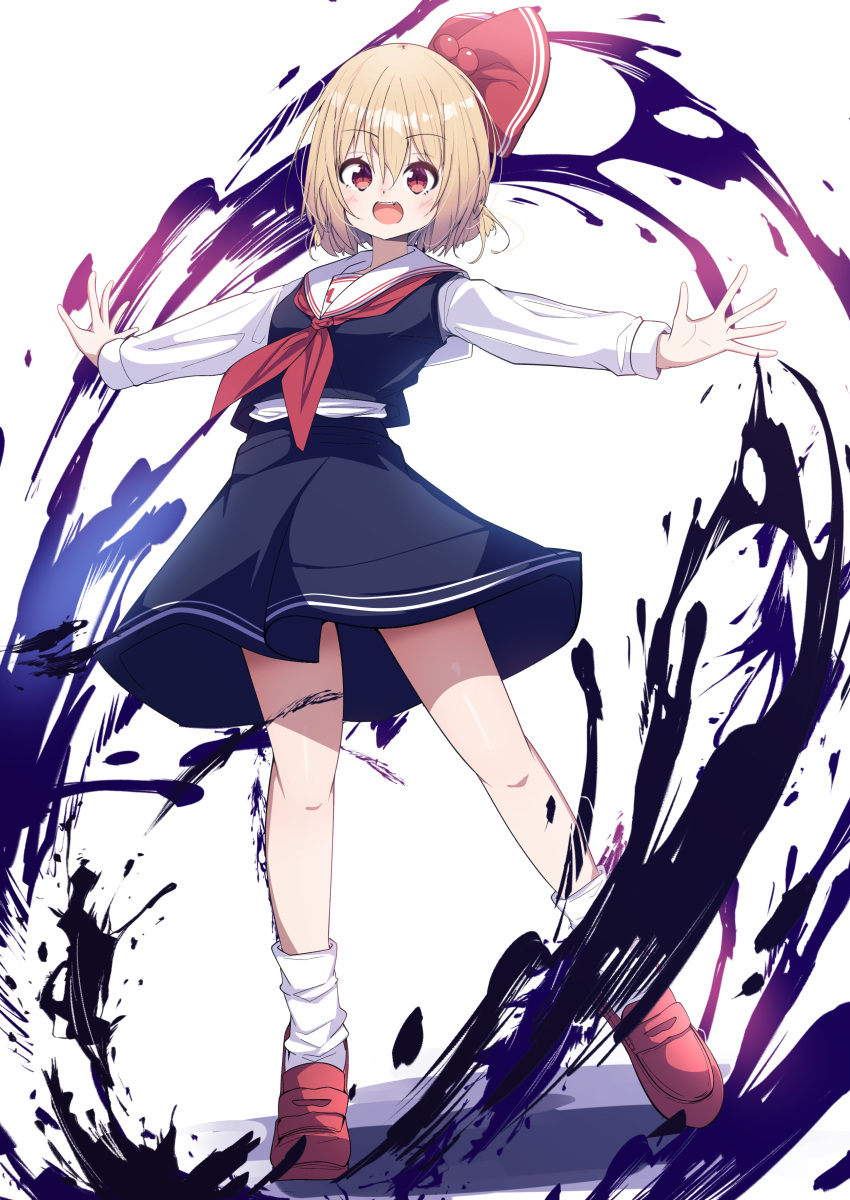 1girl :d absurdres bare_legs black_skirt black_vest blonde_hair blush bow breasts commentary_request darkness darumoon fang full_body hair_between_eyes hair_bow highres light_blush loafers long_sleeves looking_at_viewer loose_socks neckerchief open_hands open_mouth outstretched_arms partial_commentary red_bow red_eyes red_footwear red_neckerchief rumia sailor_collar shirt shoes short_hair skirt skirt_set small_breasts smile socks solo spread_arms standing teeth touhou upper_teeth_only vest white_background white_shirt white_socks