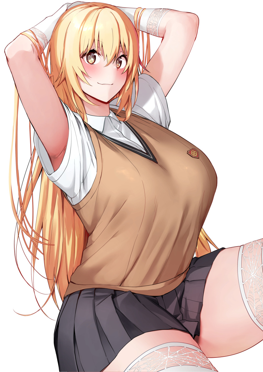 +_+ 1girl absurdres amano_don arms_behind_head arms_up bangs blonde_hair blush breasts elbow_gloves gloves highres large_breasts long_hair looking_at_viewer shokuhou_misaki smile solo thighs toaru_kagaku_no_railgun toaru_majutsu_no_index white_gloves