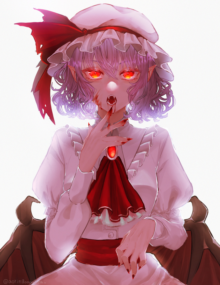 1girl aorin_oekaki backlighting dress fangs fingernails hat highres long_sleeves looking_at_viewer low_wings medium_hair nail_polish open_mouth orange_eyes pointy_ears purple_hair red_nails remilia_scarlet sharp_fingernails shiny shiny_hair simple_background solo touhou twitter_username white_background white_dress white_headwear wings