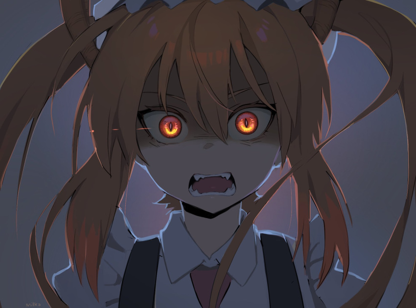 1girl bangs collared_shirt commentary dragon_horns english_commentary eyelashes hair_between_eyes highres horns kobayashi-san_chi_no_maidragon long_hair looking_at_viewer maid milka_(milk4ppl) multicolored_hair necktie open_mouth orange_hair red_eyes shaded_face shiny shiny_hair shirt signature slit_pupils solo suspenders teeth tohru_(maidragon) tongue twintails upper_body white_shirt