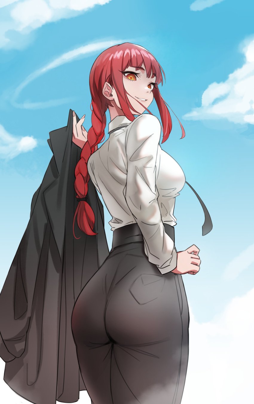 1girl absurdres ass bangs black_neckwear black_pants braid braided_ponytail breasts chainsaw_man collared_shirt formal highres huge_filesize kiritzugu large_breasts long_hair long_sleeves looking_at_viewer makima_(chainsaw_man) necktie pants redhead ringed_eyes shirt smile solo suit thighs yellow_eyes