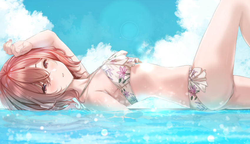 1girl :d arched_back ass bangs bare_arms bare_legs bikini blue_sky blush breasts clouds floral_print front-tie_bikini front-tie_top hair_between_eyes halterneck hand_on_own_head highres higuchi_madoka idolmaster idolmaster_shiny_colors in_water knee_up light_particles looking_at_viewer lying mole mole_under_eye nail_polish on_back open_mouth outdoors red_eyes redhead short_hair side-tie_bikini sky small_breasts smile solo swimsuit water wet white_bikini white_swimsuit yuzuyu_(hyui)