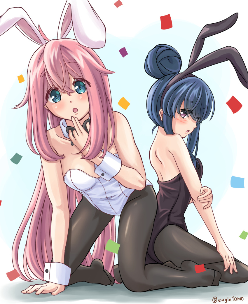 2girls all_fours animal_ears bare_shoulders black_hair black_legwear black_leotard black_neckwear blue_eyes bow bowtie breasts confetti detached_collar eyebrows_visible_through_hair fake_animal_ears hair_bun hand_to_own_mouth highres kagamihara_nadeshiko leotard long_hair multiple_girls pantyhose pink_hair playboy_bunny rabbit_ears shima_rin sitting small_breasts strapless strapless_leotard very_long_hair violet_eyes white_leotard wrist_cuffs yomo yurucamp