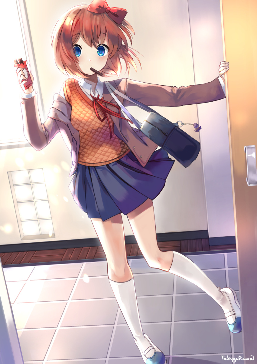 1girl absurdres artist_name bag bangs blue_eyes blue_skirt bow brown_hair commentary doki_doki_literature_club door english_commentary eyebrows_visible_through_hair food_in_mouth grey_jacket hair_bow highres indoors jacket kneehighs long_sleeves looking_at_viewer making-of_available mouth_hold neck_ribbon off_shoulder open_clothes open_door open_jacket orange_vest pleated_skirt red_bow red_neckwear red_ribbon ribbon sayori_(doki_doki_literature_club) school_uniform shirt shoes short_hair skirt solo standing standing_on_one_leg takuyarawr tile_floor tiles vest white_legwear white_shirt wing_collar