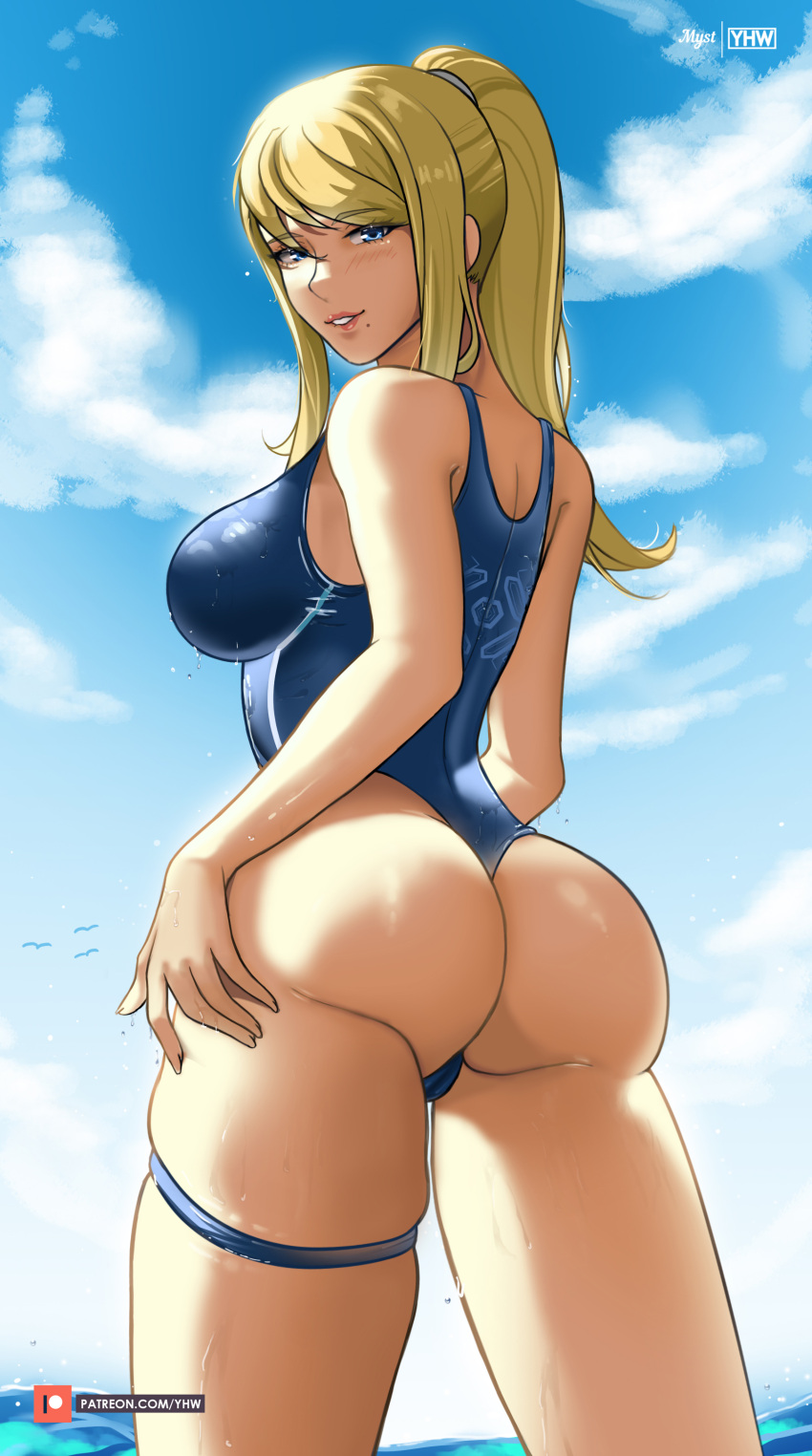 1girl absurdres bangs blonde_hair blue_eyes breasts highres large_breasts long_hair looking_at_viewer metroid metroid_dread mole mole_under_mouth mystyhw one-piece_swimsuit ponytail samus_aran simple_background solo swimsuit upper_body