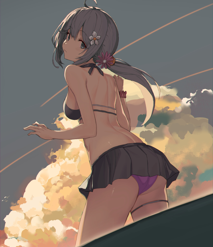 1girl ahoge akebono_(kancolle) ass bikini black_bikini blue_eyes blue_sky breasts closed_mouth clouds commentary eyebrows_visible_through_hair flower from_behind hair_flower hair_ornament highres kantai_collection long_hair looking_at_viewer medium_breasts oweee ponytail purple_hair sky solo swimsuit