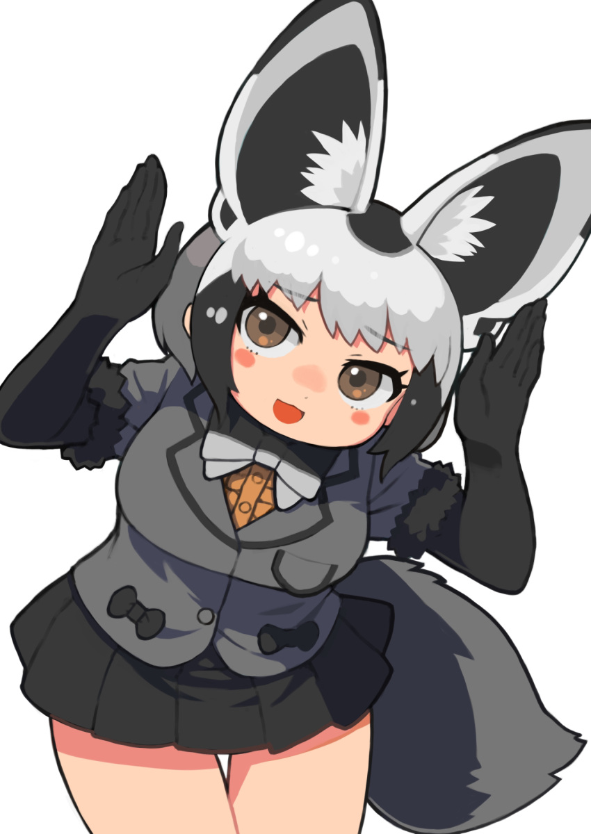 1girl :3 animal_ear_fluff animal_ears arms_up bangs bat-eared_fox_(kemono_friends) black_bow black_gloves black_hair black_skirt blazer blush_stickers bow bowtie breast_pocket brown_hair bunny_pose cowboy_shot dot_nose elbow_gloves extra_ears fox_ears fox_girl fox_tail fur-trimmed_sleeves fur_trim furrowed_brow gloves grey_blazer grey_bow grey_hair grey_jacket grey_neckwear highres jacket kemono_friends leaning_forward leaning_to_the_side looking_at_viewer miniskirt multicolored_hair open_mouth pleated_skirt pocket rinx short_hair short_sleeves simple_background skirt smile solo standing tail thigh_gap tsurime white_background