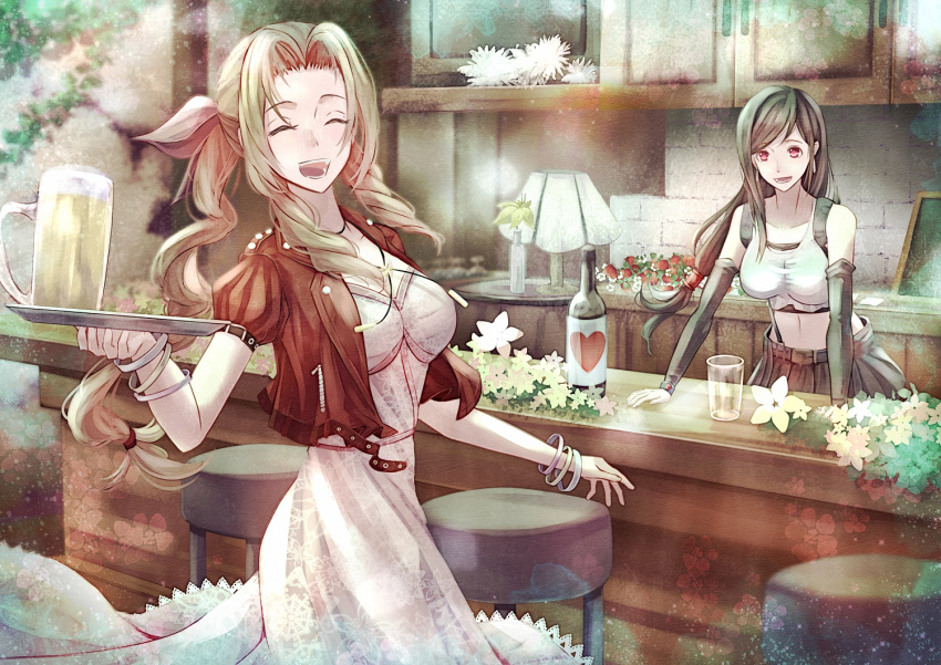 2girls :d ^_^ aerith_gainsborough alcohol arm_support bangs bar bar_stool beer black_skirt black_sports_bra bottle breasts closed_eyes collarbone crop_top cropped_jacket cupboard detached_sleeves dress earrings final_fantasy final_fantasy_vii final_fantasy_vii_remake flower hair_ribbon jacket jewelry lampshade large_breasts long_hair low-tied_long_hair midriff mirrorclew multiple_girls open_mouth parted_bangs pink_dress pitcher red_eyes red_jacket ribbon skirt smile sports_bra stool suspender_skirt suspenders swept_bangs tank_top tifa_lockhart tray tri_drills white_tank_top wine_bottle