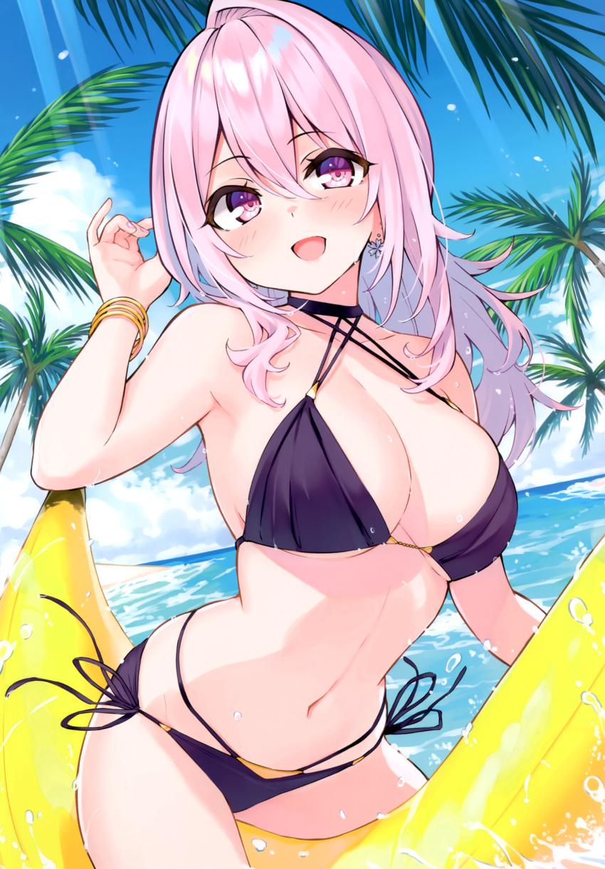 1girl absurdres bangs bikini cu-no day earrings highres hisen_kaede jewelry long_hair looking_at_viewer navel ocean open_mouth outdoors palm_leaf palm_tree scan smile solo stomach swimsuit tree water water_drop