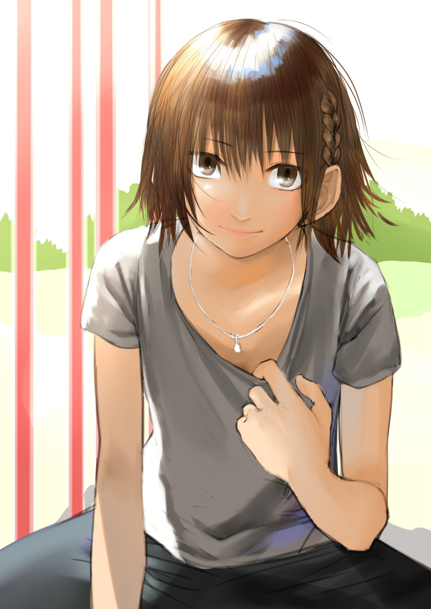 1girl absurdres black_pants breasts brown_eyes brown_hair closed_mouth eyebrows_visible_through_hair grey_shirt highres jewelry kilye_kairi looking_at_viewer medium_breasts necklace original pants shirt short_sleeves side_braids sitting small_breasts smile solo