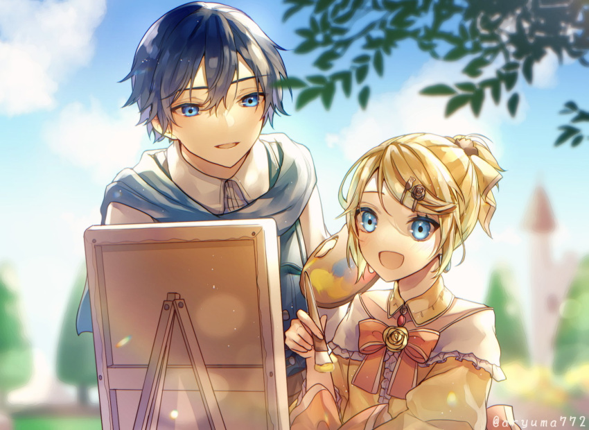 1boy 1girl aku_no_musume_(vocaloid) art_brush artist_name aryuma772 blonde_hair blue_eyes blue_hair blue_neckwear blue_sky blurry blurry_background bow building canvas_(object) castle choker clouds collarbone commentary_request dress dress_bow earrings evillious_nendaiki flower frilled_dress frills garden hair_bow hair_ornament hairclip highres holding holding_brush holding_palette jewelry kagamine_rin kaito_(vocaloid) kyle_marlon lens_flare light_particles open_mouth paintbrush painting palette_(object) puffy_sleeves riliane_lucifen_d'autriche rose short_hair signature sky smile teaching tower tree twitter_username updo vocaloid yellow_dress yellow_flower yellow_rose