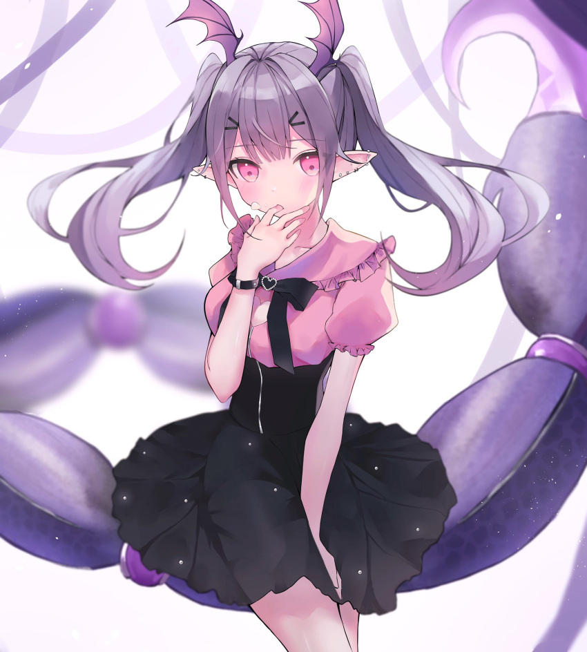 1girl alternate_costume arknights bangs black_skirt blush head_wings highres juliet_sleeves long_hair long_sleeves manticore_(arknights) mugi_(muginamugina) pointy_ears puffy_sleeves purple_hair scorpion_tail short_sleeves skirt solo tail twintails violet_eyes