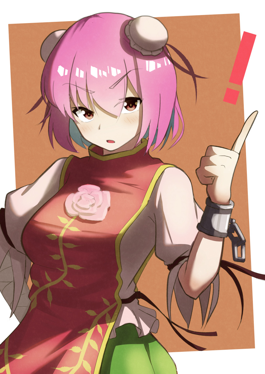 ! 1girl absurdres bandaged_arm bandages bangs border breasts brown_background bun_cover carnation commentary_request cuffs dutch_angle eyebrows_visible_through_hair eyes_visible_through_hair flower gold_trim green_skirt hair_between_eyes hand_on_hip hand_up highres ibaraki_kasen index_finger_raised large_breasts light_blush looking_at_viewer outside_border parted_lips pink_flower pink_hair pointing pointing_up raian_macaroni red_eyes shackles shirt short_hair skirt solo tabard touhou upper_body v-shaped_eyebrows vine_print white_border white_shirt